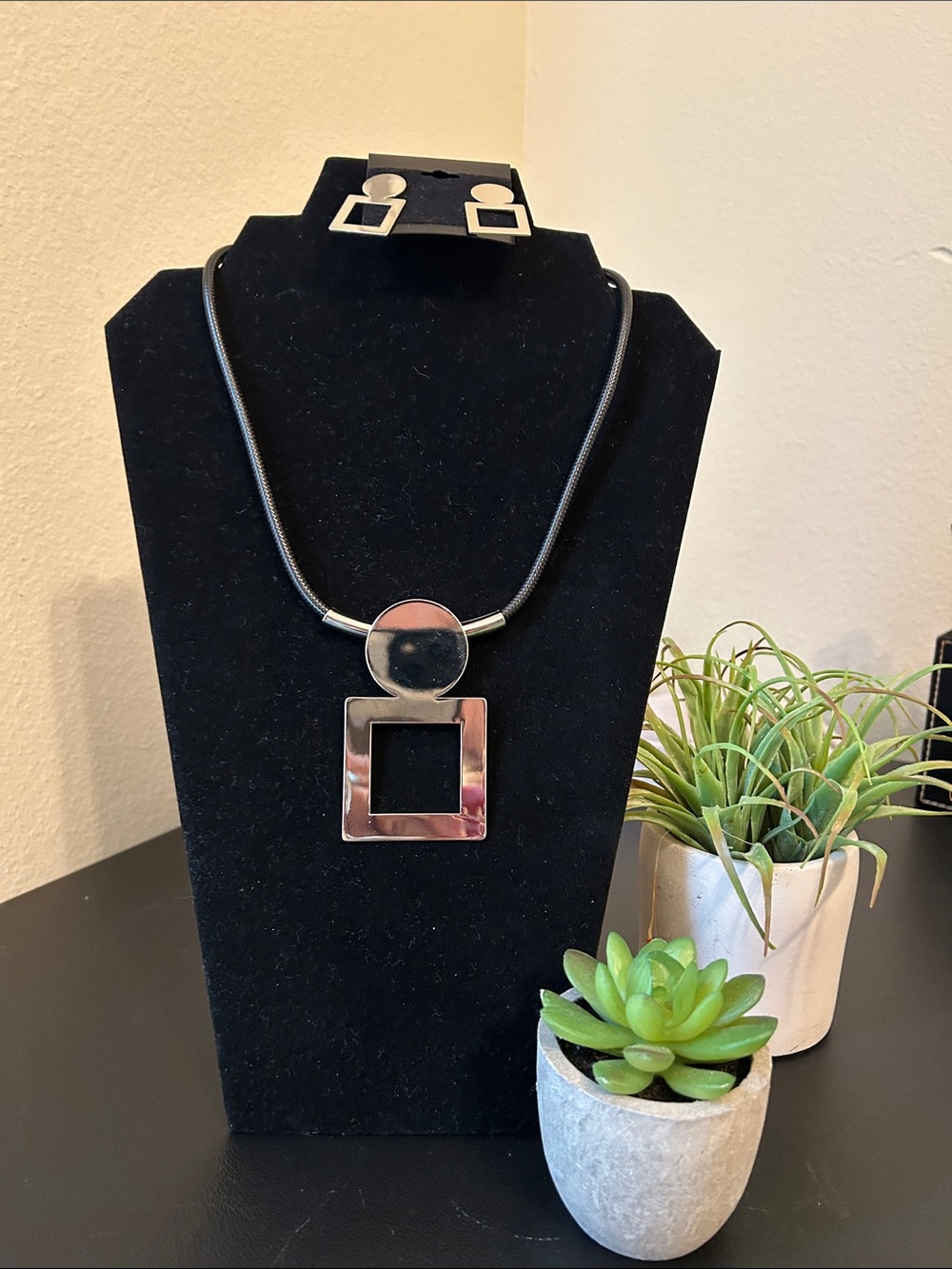 Modern Geometric Black and Silver Necklace & Earring Set